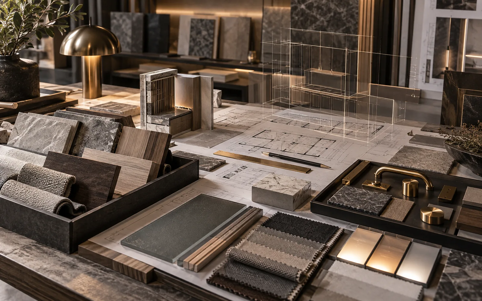 Interior material samples, joinery details and fit-out planning tools — conceptual process visual, not a project record