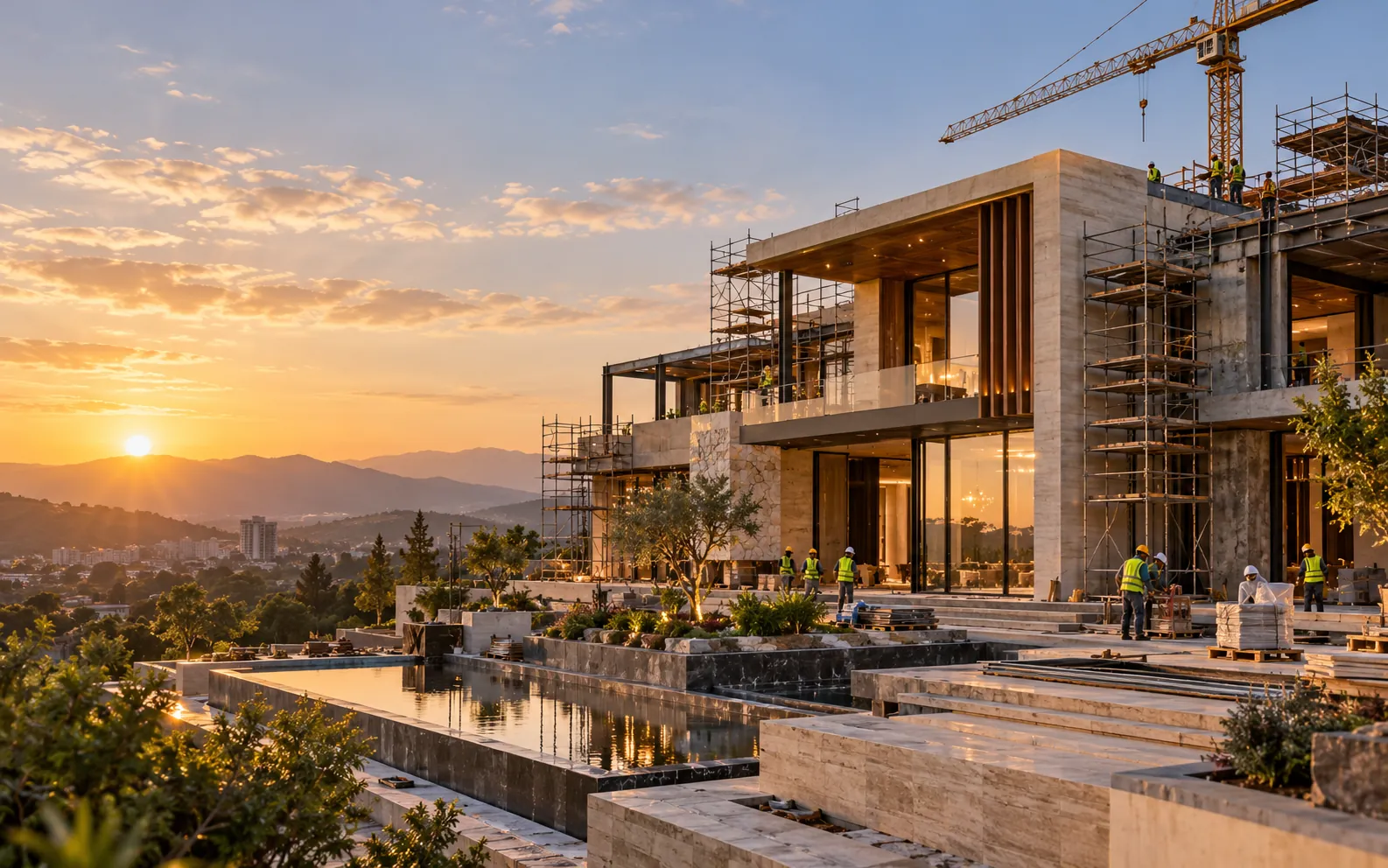 Conceptual villa under construction at golden hour